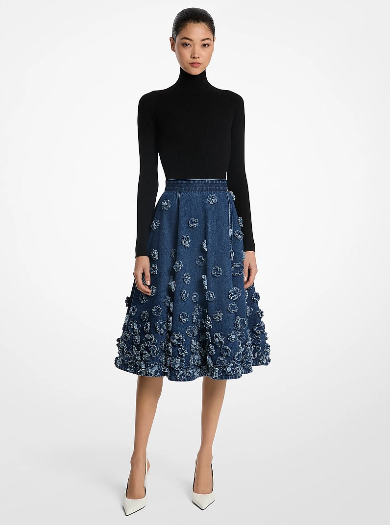 Hand-Embroidered Floral Denim Circle Skirt in LIGHT INDIGO | Michael Kors