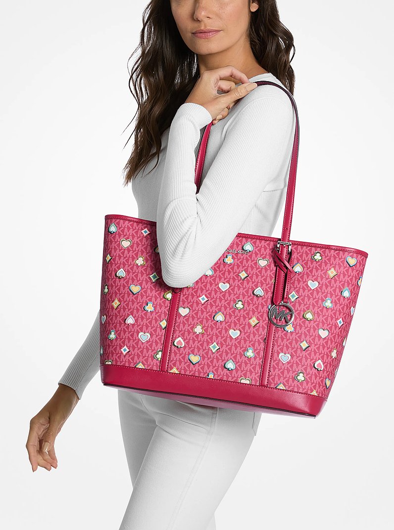 Jet Set Large Printed Signature Logo Tote Bag in DK RASPBERRY | Michael Kors