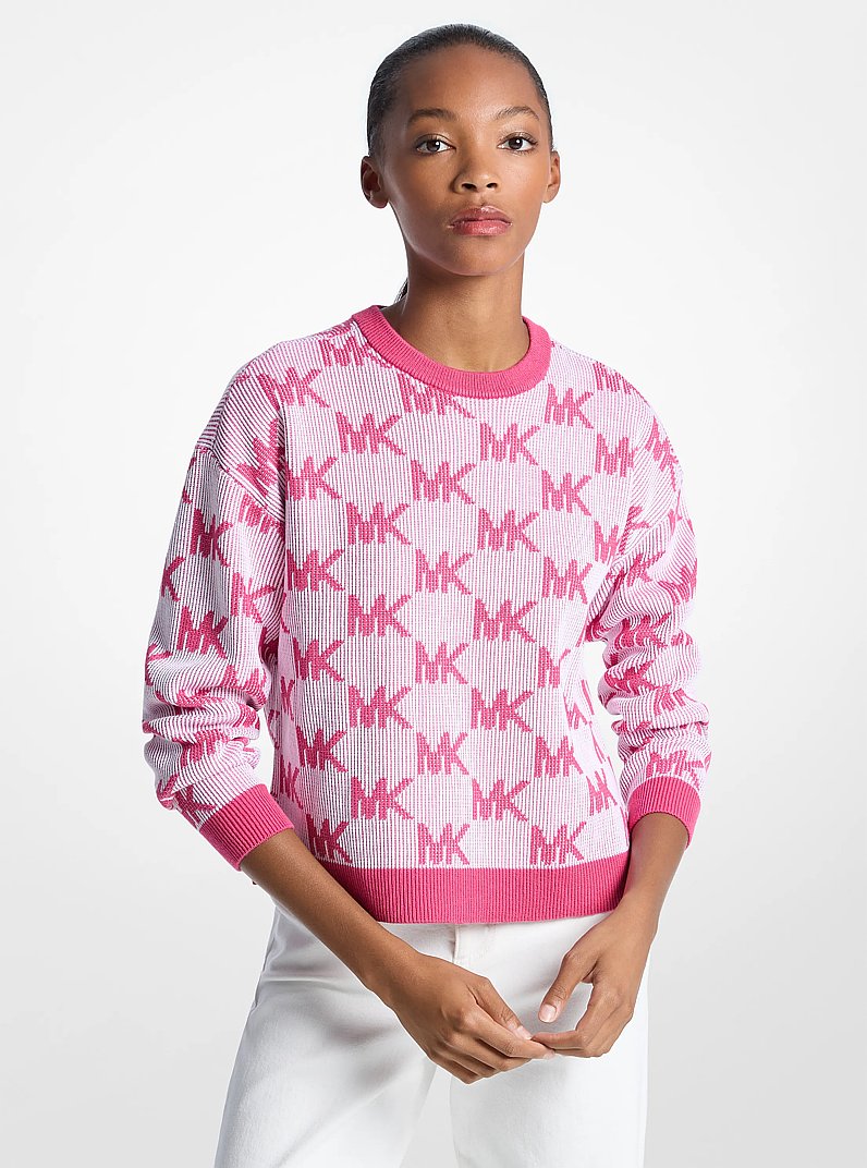 一回使用 import Michael Korsのボーダーニット Logo Jacquard Knit Sweater in HIBISCUS - Sale | Michael Kors [US]