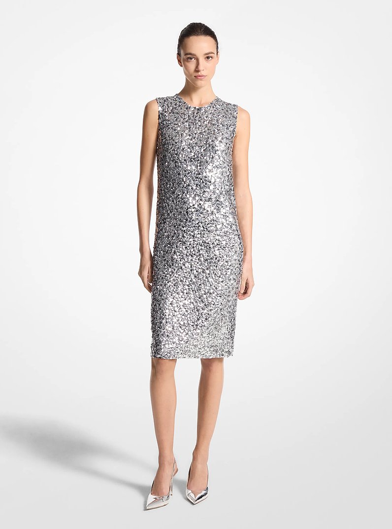 Hand-Embroidered Sequin Silk Georgette Shift Dress in GRIS PERLE | Michael Kors