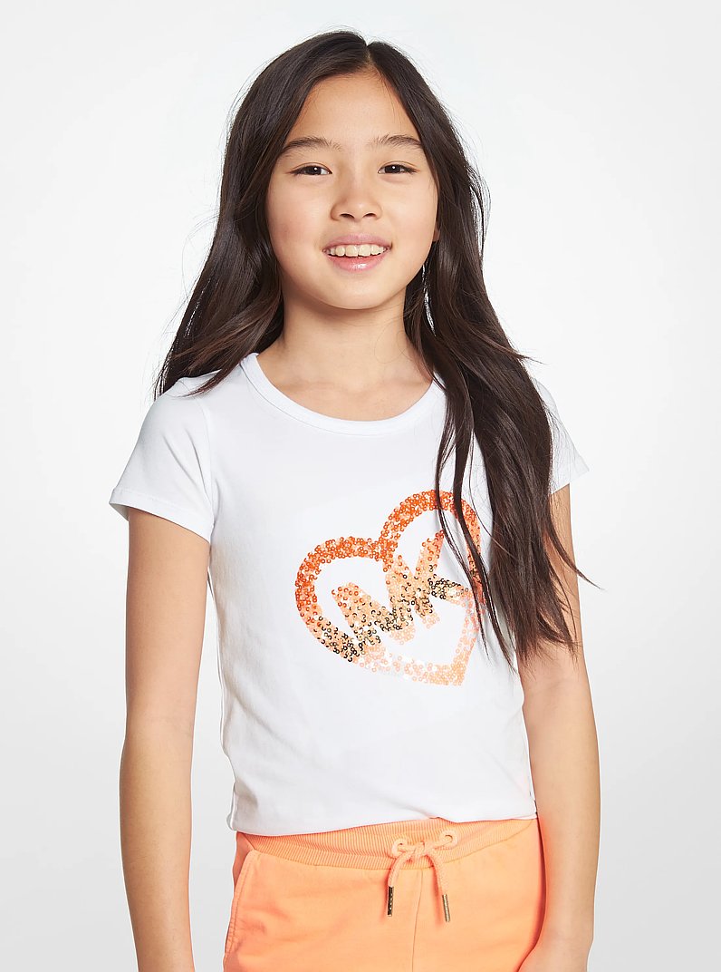 Stretch Cotton Sequined Logo Heart T-Shirt in WHITE | Michael Kors