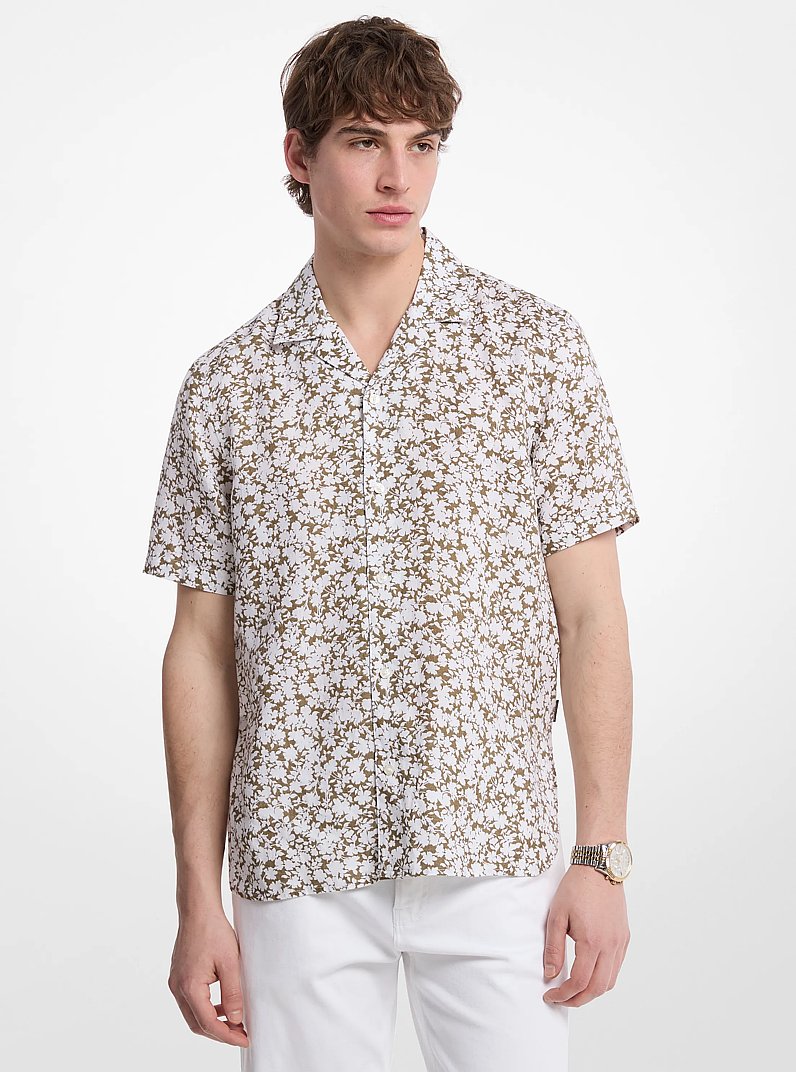 Chemise Camp en lin &agrave; motif floral in VERT SAFARI | Michael Kors