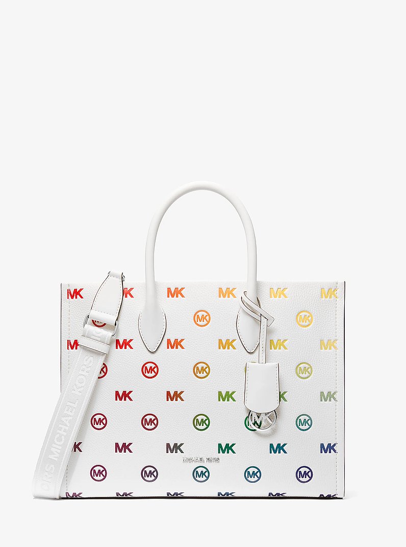 Mirella Medium Rainbow Logo Embossed Tote Bag in OPTIC WHITE | Michael Kors