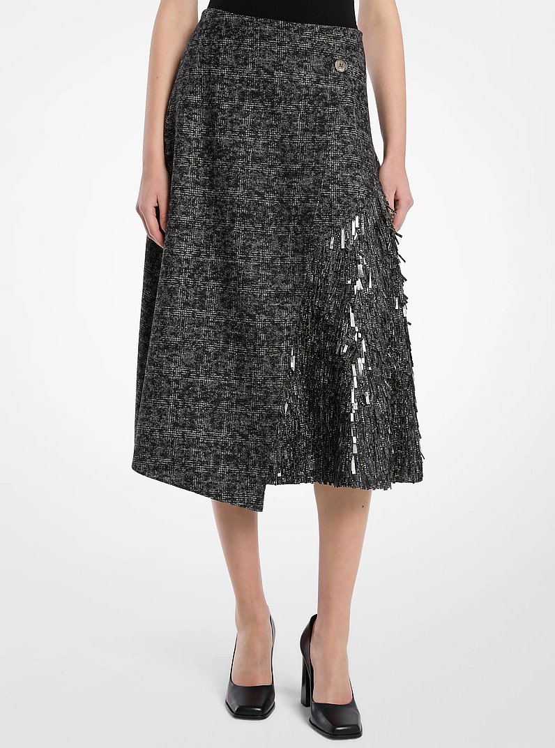 Falda cruzada de lana con lentejuelas bordadas a mano y estampado de cuadros escoceses in NEGRO/BLANCO | Michael Kors