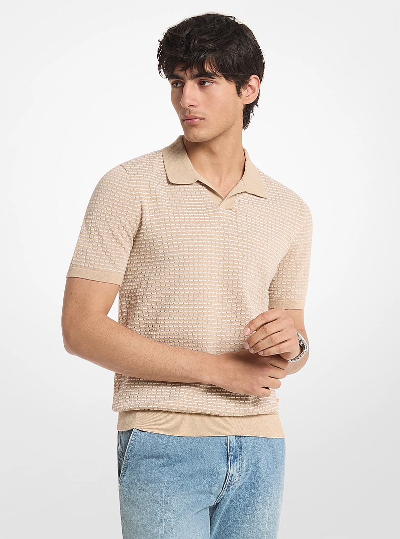Textured Striped Cotton Polo Shirt in KHKI HTR | Michael Kors