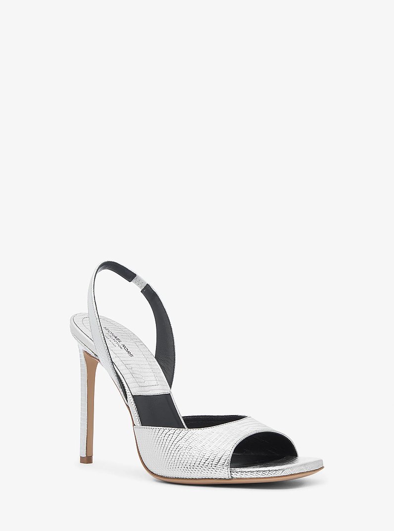 Marisa Metallic Lizard Embossed Leather Sandal in SILVER | Michael Kors