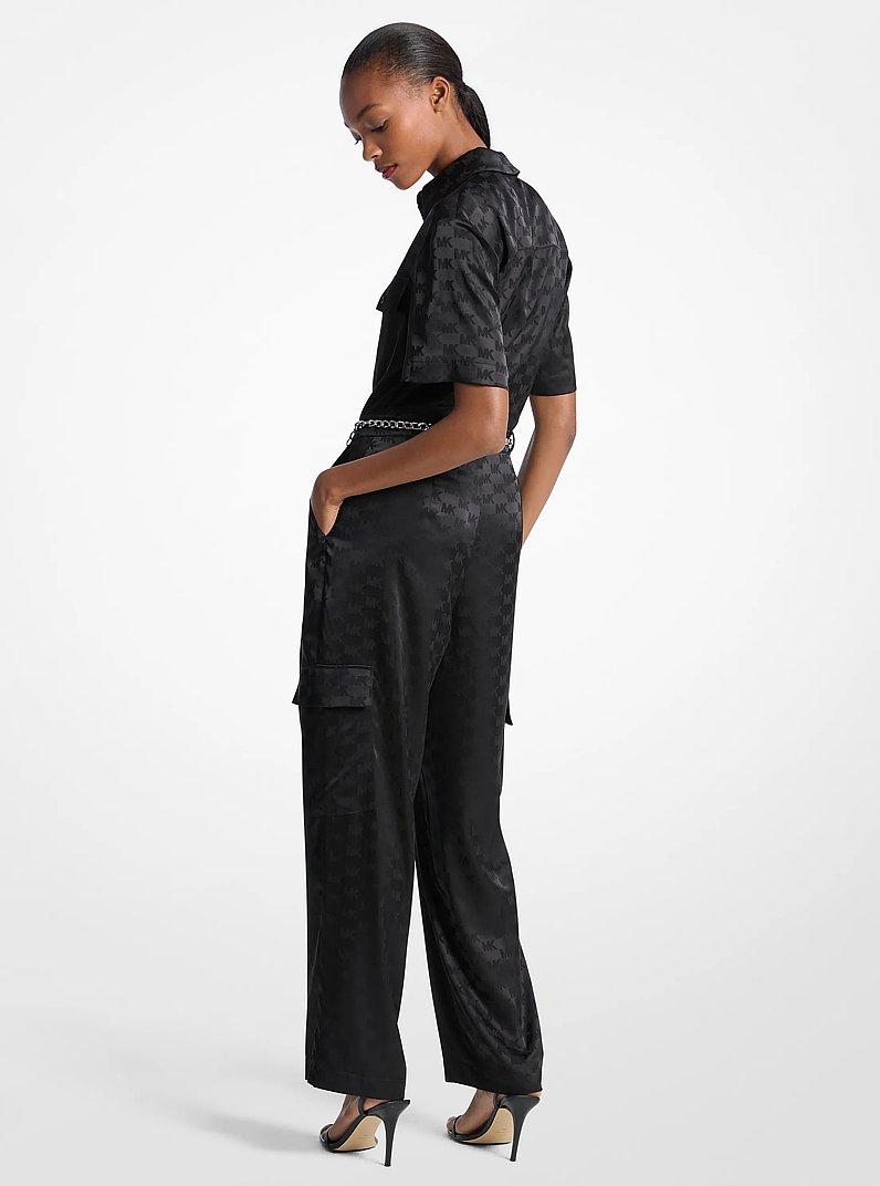 Logo Jacquard Satin Belted Jumpsuit in BLACK | Michael Kors