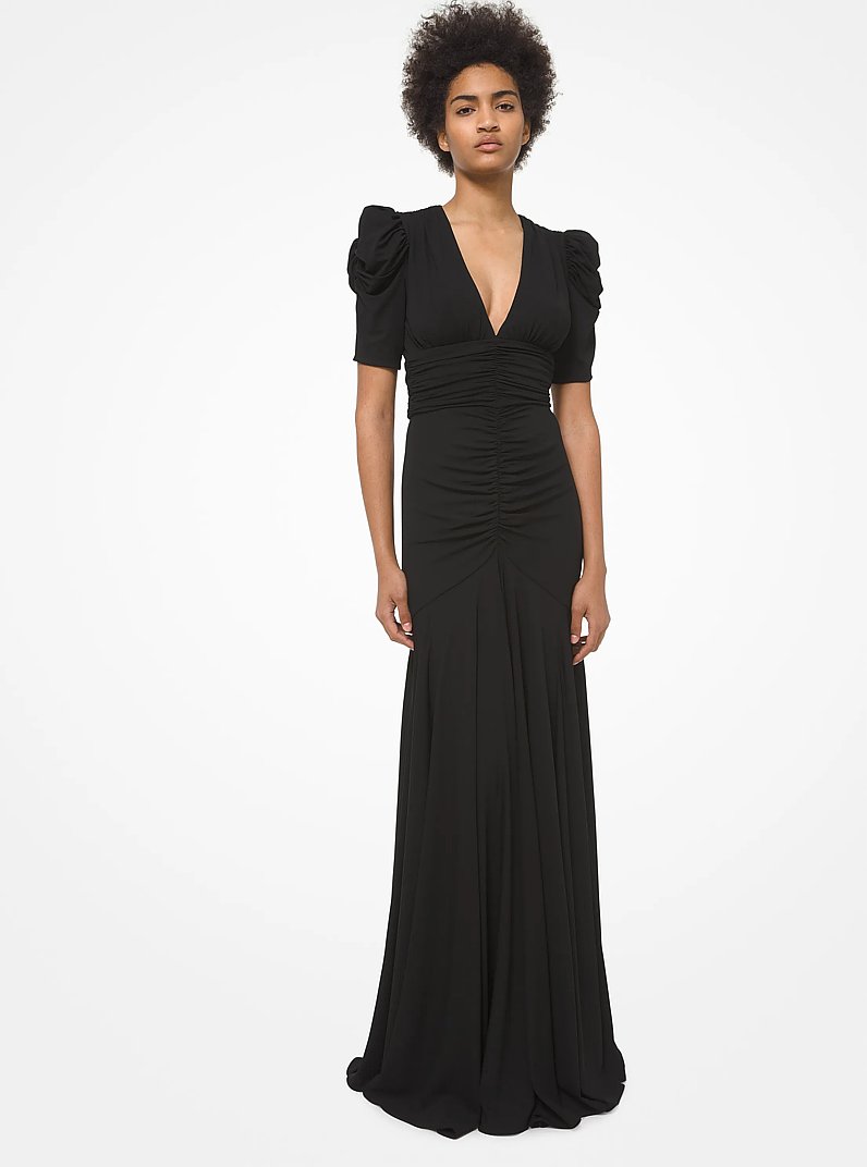 Vestido largo de punto liso el&aacute;stico fruncido in NEGRO | Michael Kors