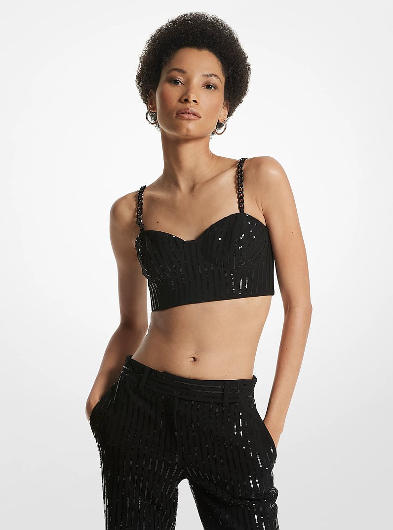 Pinstripe Sequined Crepe Bustier Top in BLACK | Michael Kors