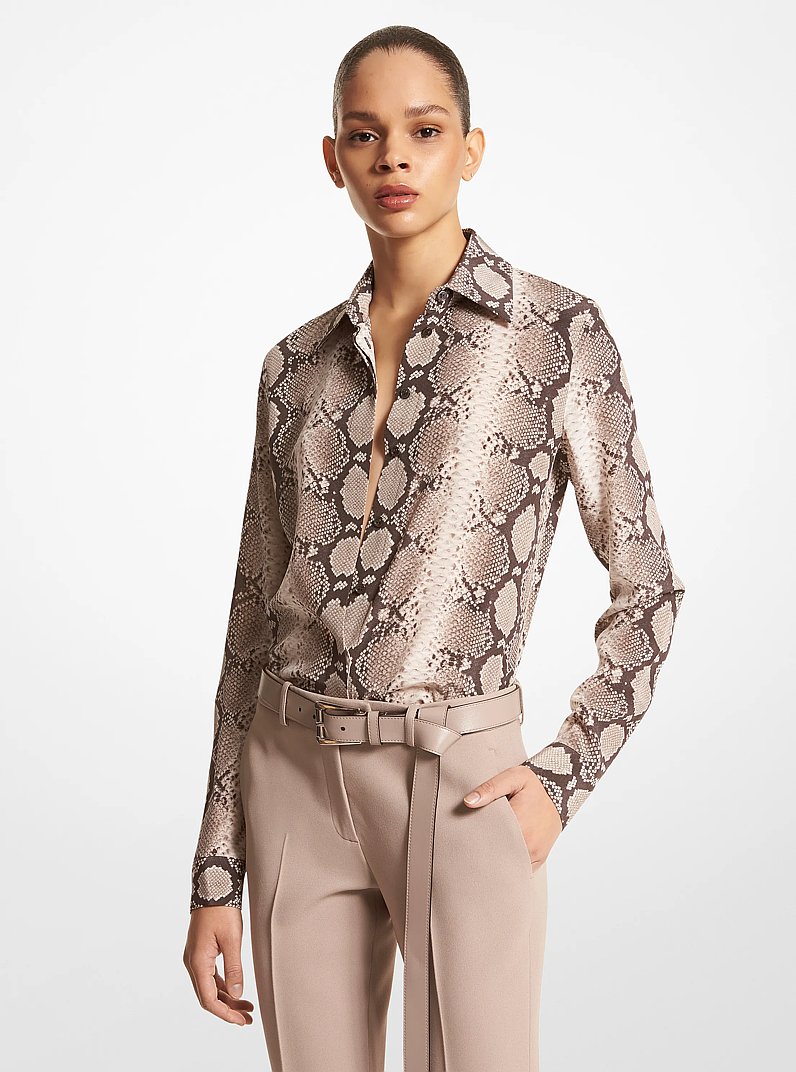 Hansen Python Organic Silk Crepe De Chine Shirt in TAUPE MULTI | Michael Kors