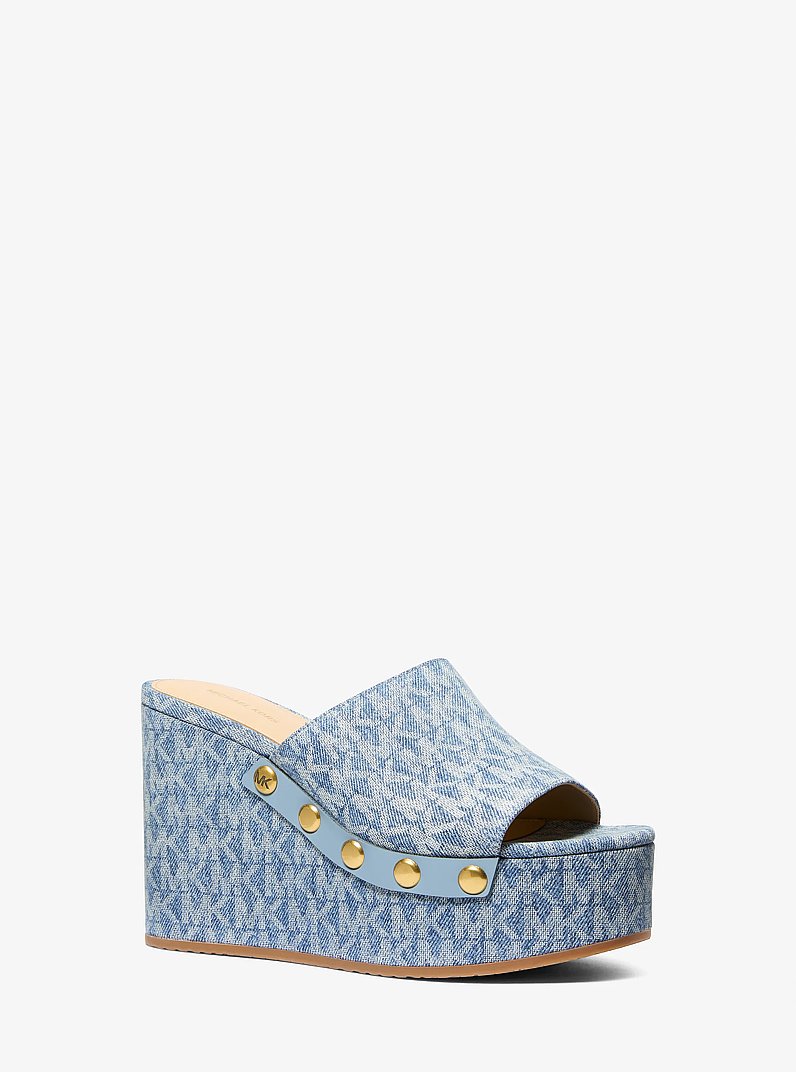 Mayes Signature Logo Print Denim Wedge Sandal in NEW HRZN WSH | Michael Kors