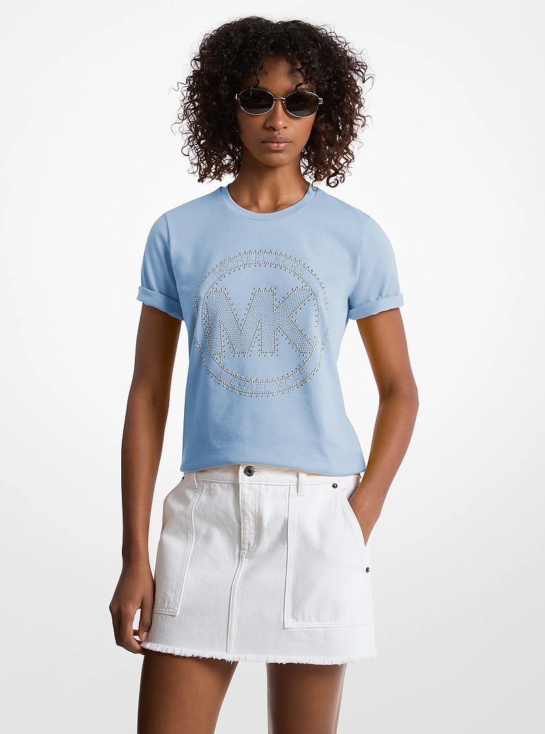 Studded Logo Charm Organic Cotton Jersey T-Shirt in SHOREBLUE | Michael Kors