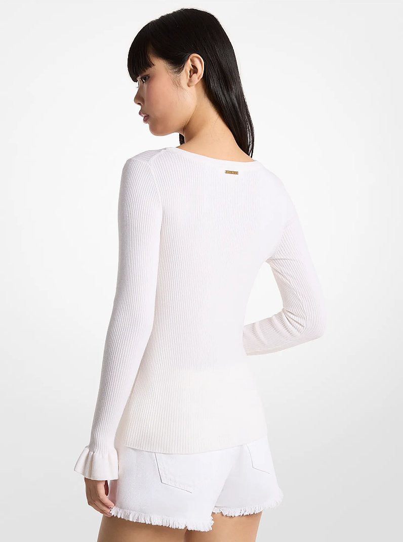 Ribbed Wool Blend V-Neck Sweater in WHITE | Michael Kors