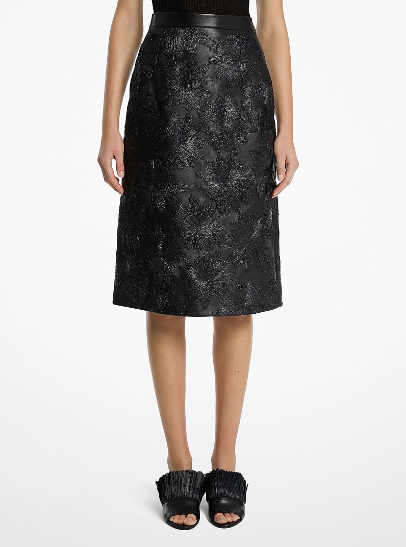 Hand-Embroidered Floral Plong&eacute; Leather Skirt in BLACK | Michael Kors