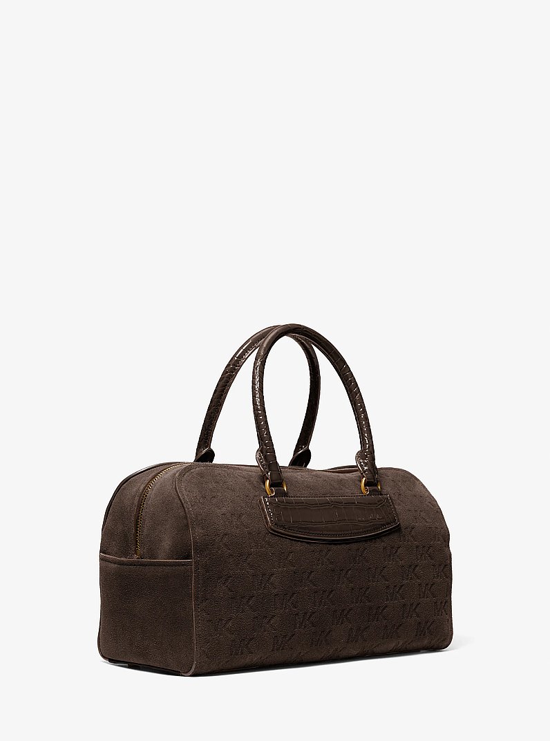 Jet Set Travel Medium Logo Embossed Suede Duffel Crossbody Bag in CHOCOLATE | Michael Kors