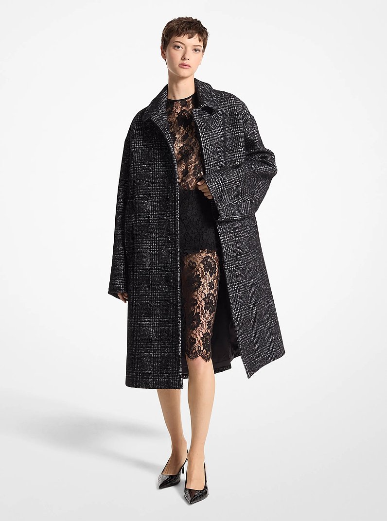 Glen Plaid Silk and Wool Melton Balmacaan in BLACK/WHITE | Michael Kors