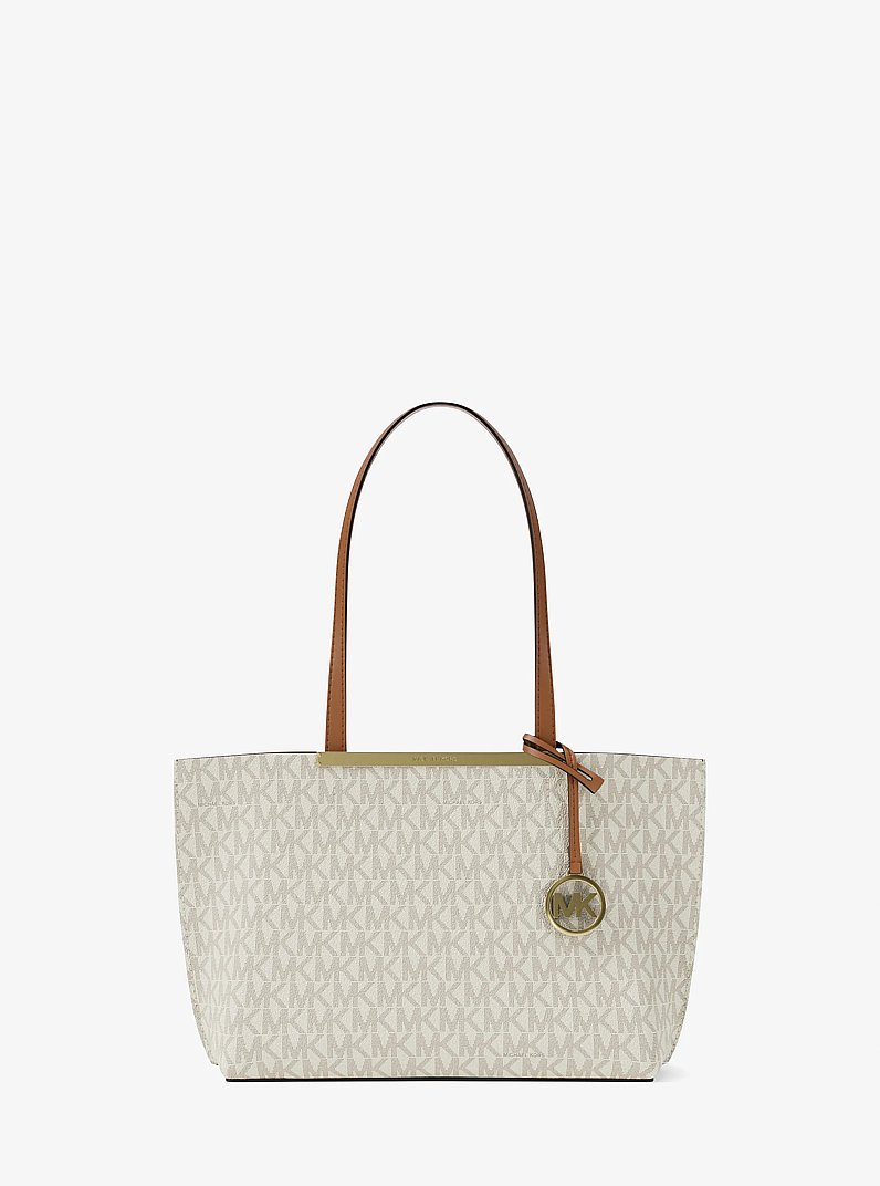 Evelyn Small Signature Logo Tote Bag in VANILLA/ACORN | Michael Kors