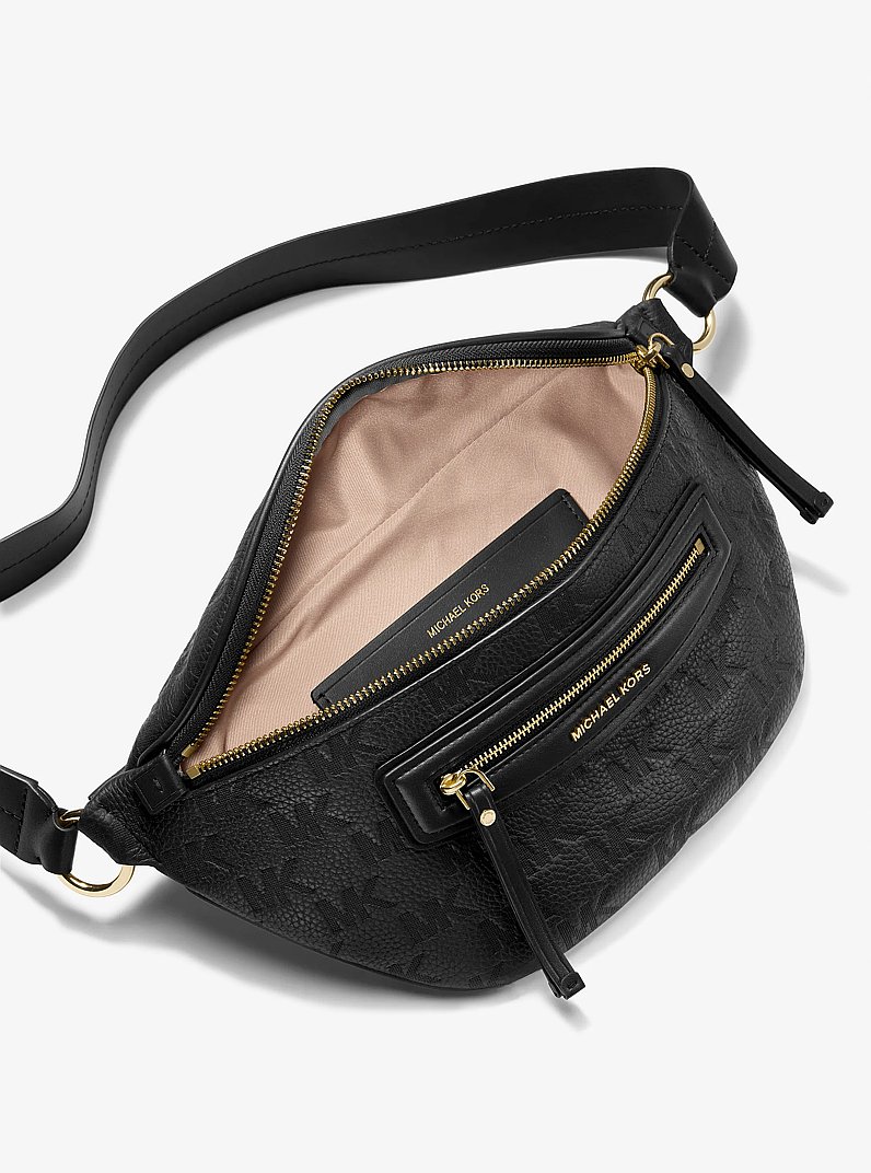 Jet Set Travel Medium Logo Embossed Leather Sling Pack in BLACK | Michael Kors