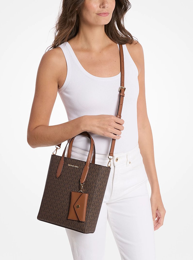 Vincent Small Signature Logo Convertible Tote Bag with Card Case in BROWN | Michael Kors