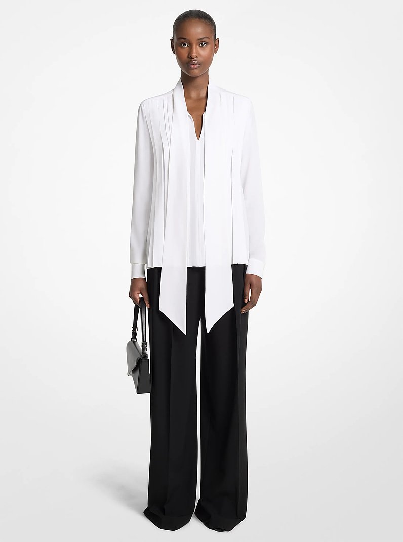 Silk Georgette Pleated Tie-Neck Blouse