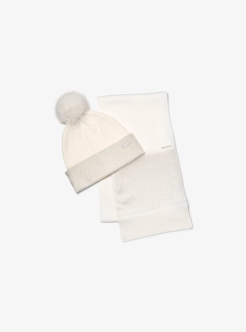 Embellished Knit Beanie Hat and Scarf Set in CREAM | Michael Kors