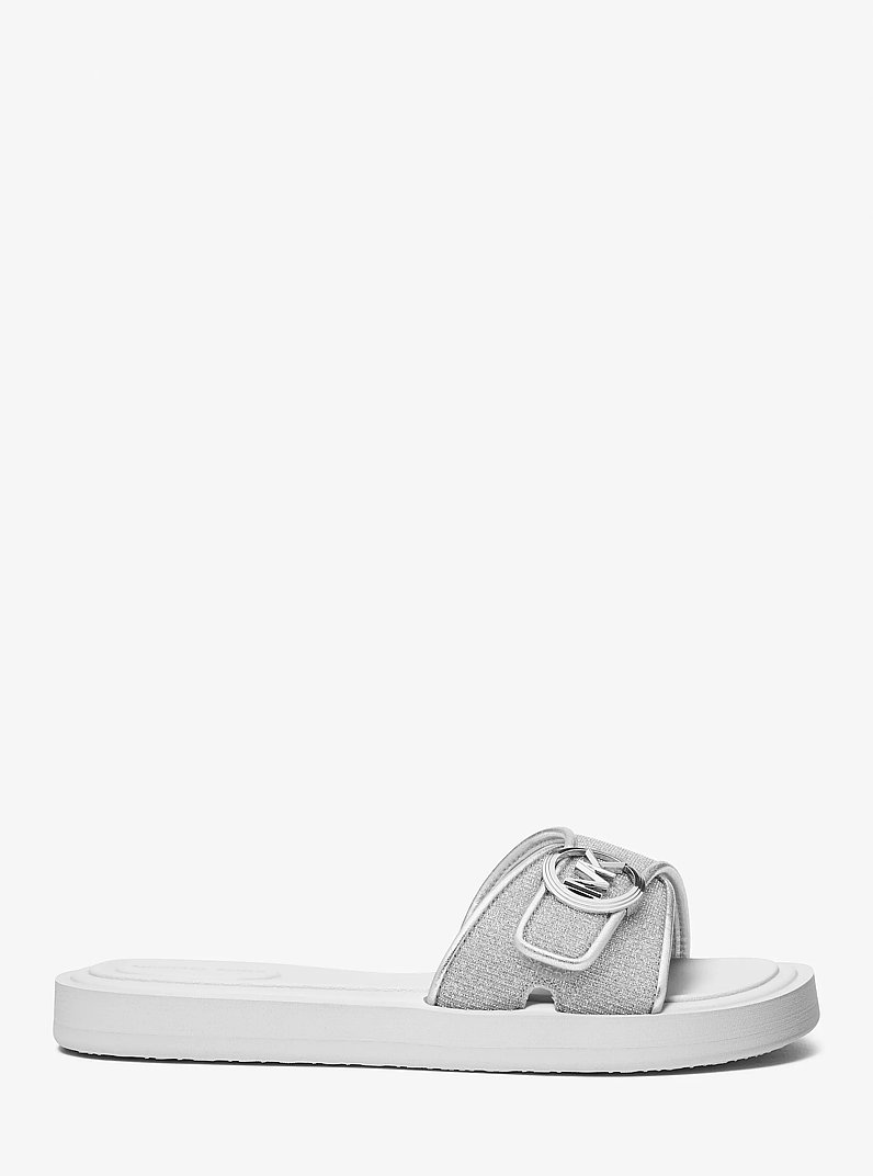 Glitter Chain Mesh Logo Slide Sandal in SILVER | Michael Kors