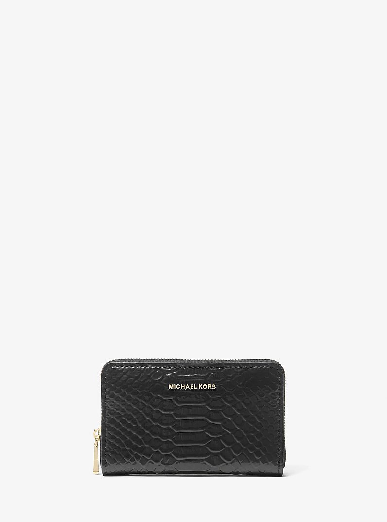 Jet Set Small Snake Embossed Leather Wallet in BLACK | Michael Kors