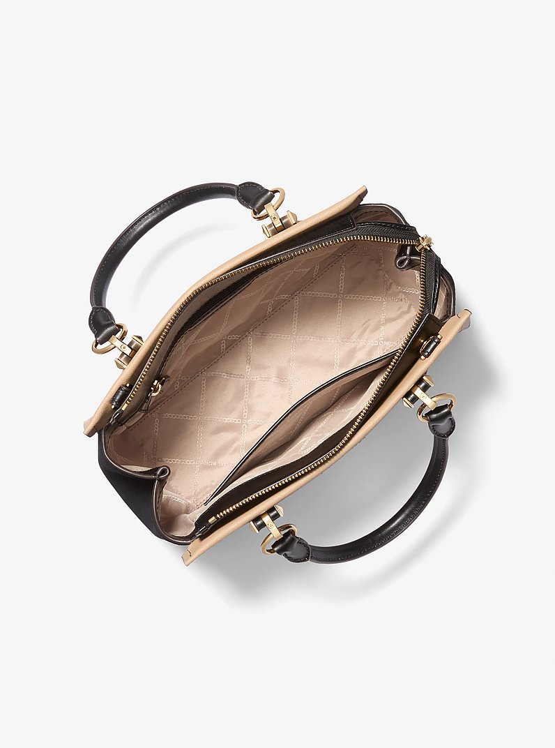 Marilyn Medium Two-Tone Saffiano Leather Satchel in BLACK/CAMEL | Michael Kors