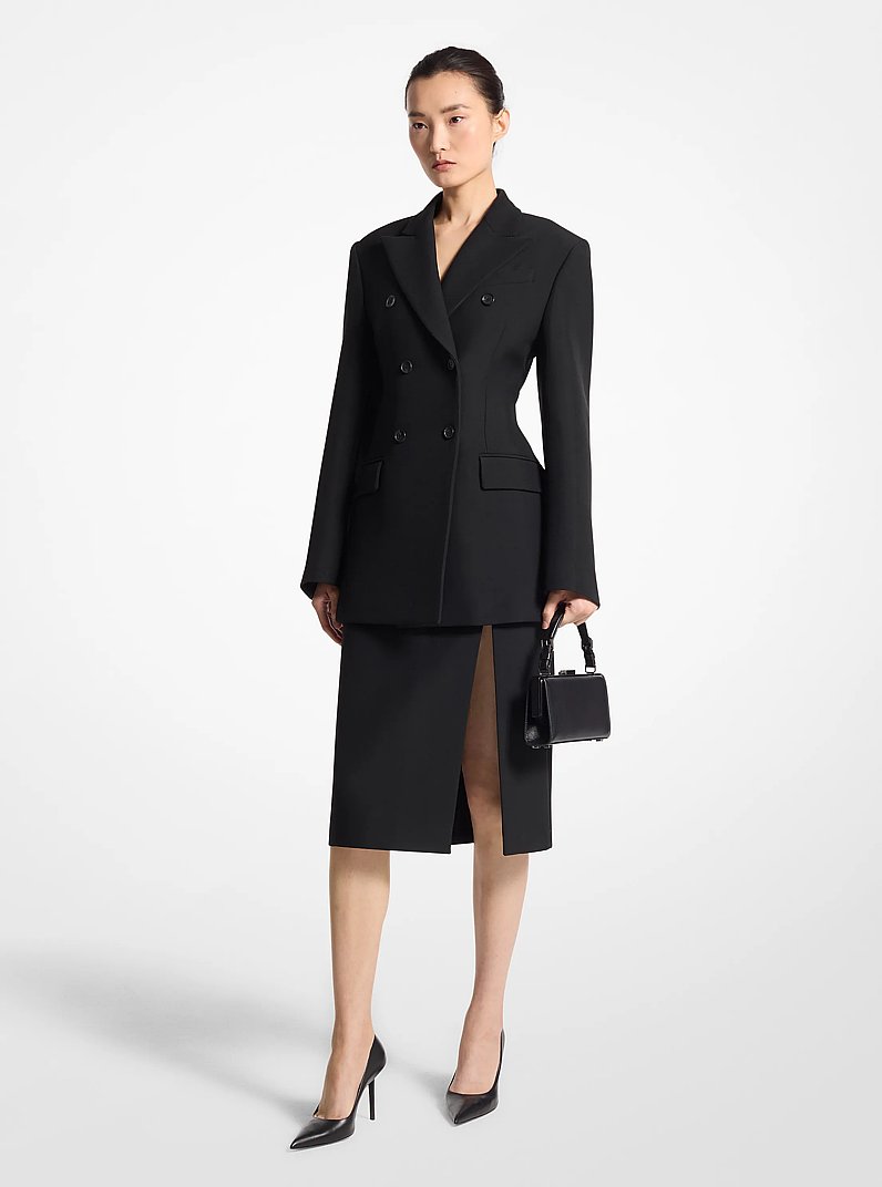 Wool Blend Gabardine Double-Breasted Carved Blazer in BLACK | Michael Kors