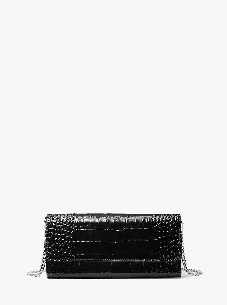 Cate Crocodile Embossed Patent Leather Clutch in BLACK | Michael Kors