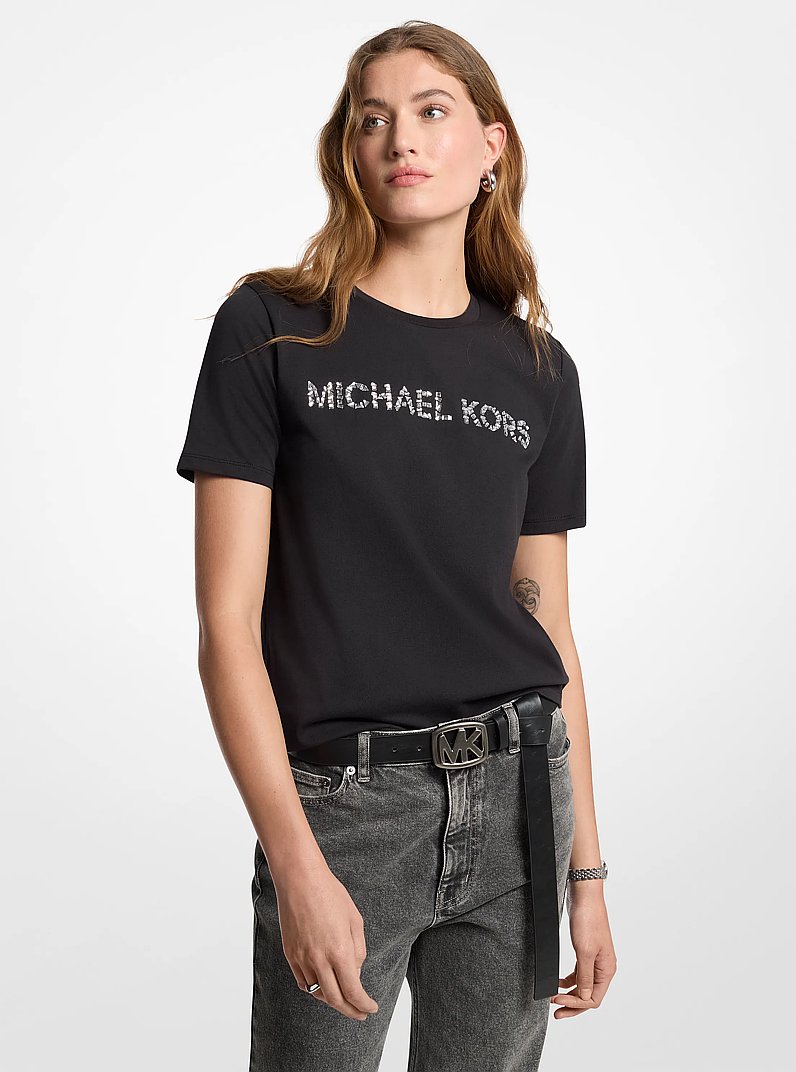 Embellished Logo Cotton Jersey T-Shirt in BLACK | Michael Kors