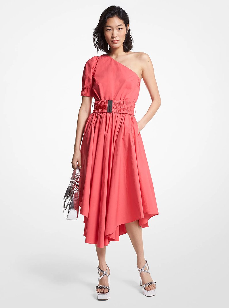 Stretch Cotton Poplin One-Shoulder Dress in GERANIUM | Michael Kors