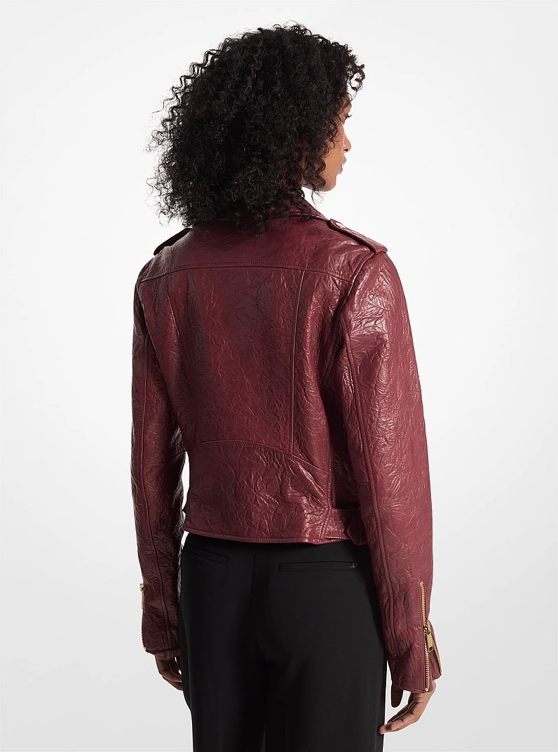 Crinkled Leather Cropped Moto Jacket in DARK BRANDY | Michael Kors