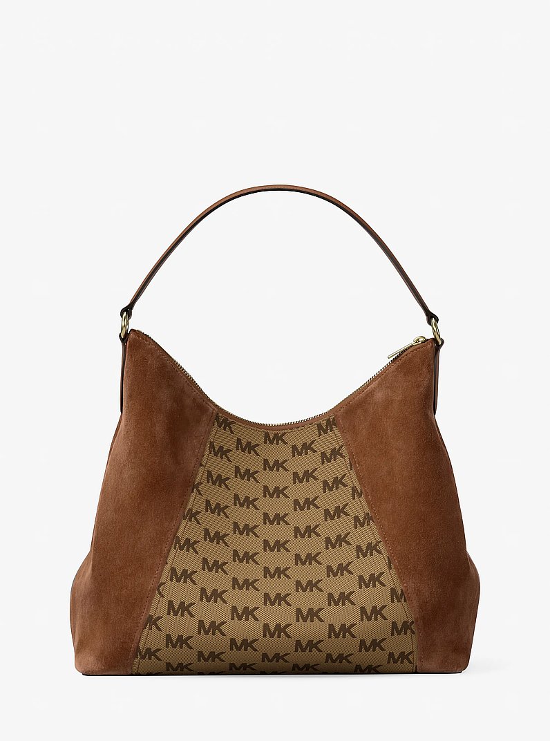 Sienna Large Logo Jacquard and Suede Convertible Shoulder Bag in BEIGE/EBONY/BROWN | Michael Kors