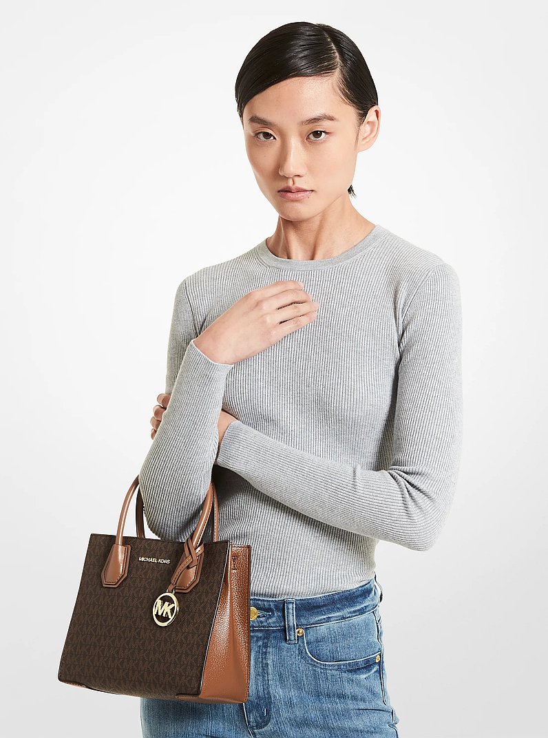 Mercer Medium Logo and Leather Accordion Crossbody Bag in BROWN | Michael Kors