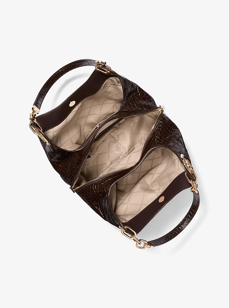 Lillie Large Crocodile Embossed Leather Shoulder Bag in CHOCOLATE | Michael Kors
