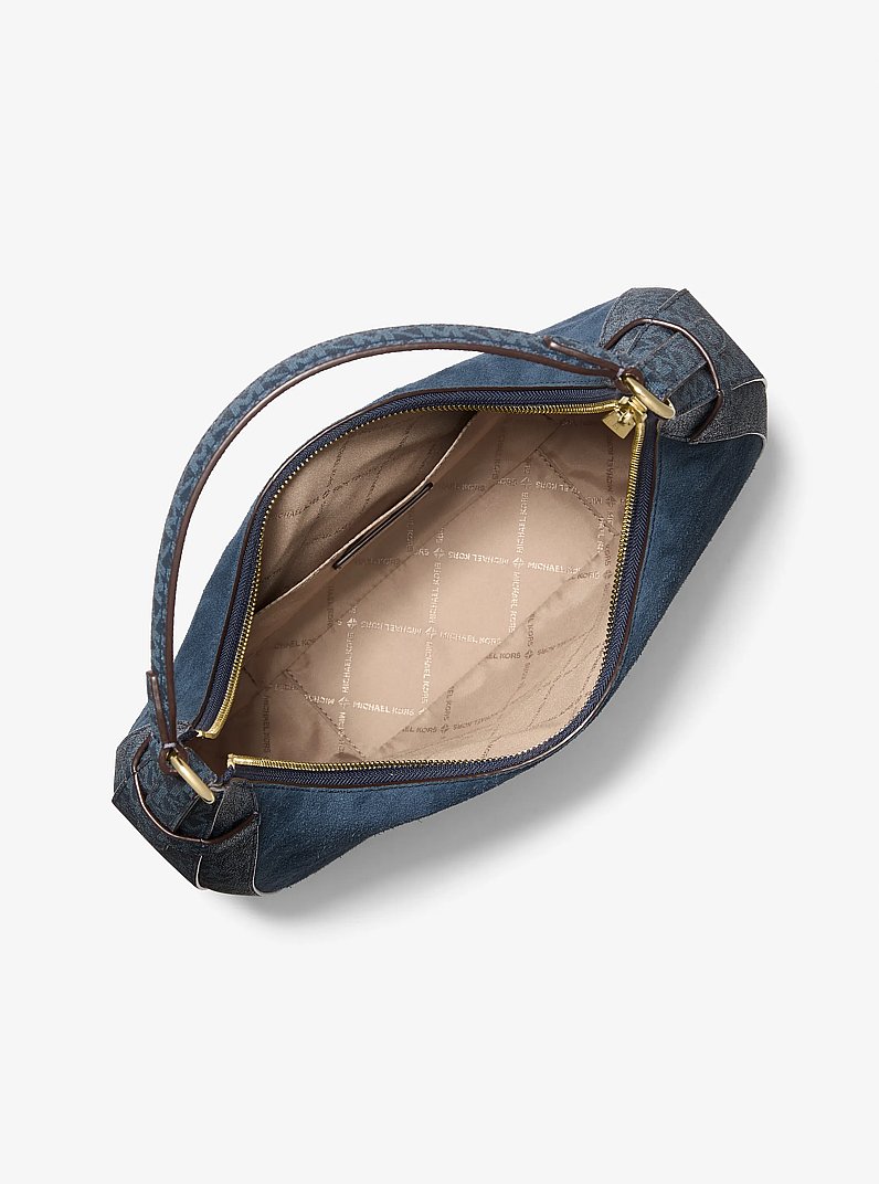 Preston Large Suede and Signature Logo Crescent Shoulder Bag in NAVY | Michael Kors
