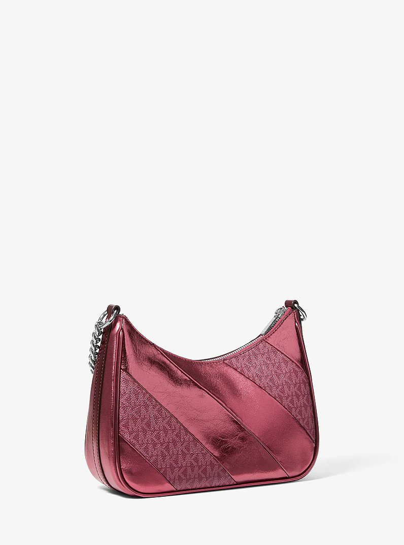 Jet Set Travel Metallic and Signature Logo Convertible Pochette in MAROON | Michael Kors