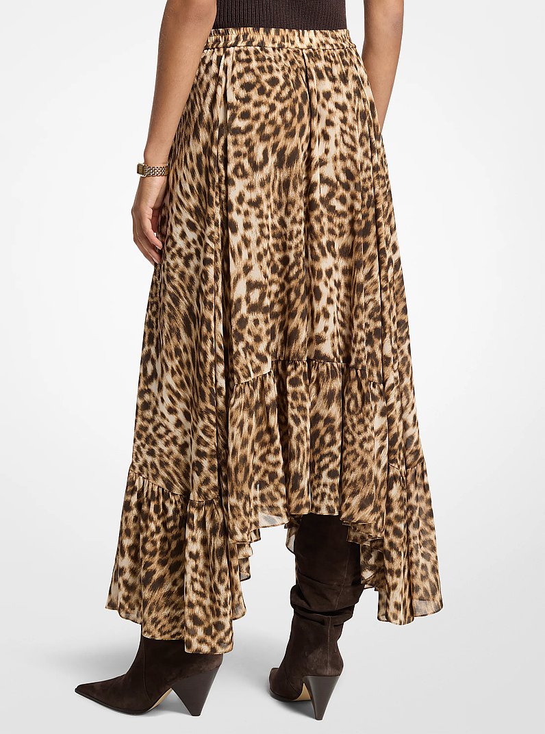 Leopard Print Georgette High-Low Skirt in DARK CAMEL | Michael Kors