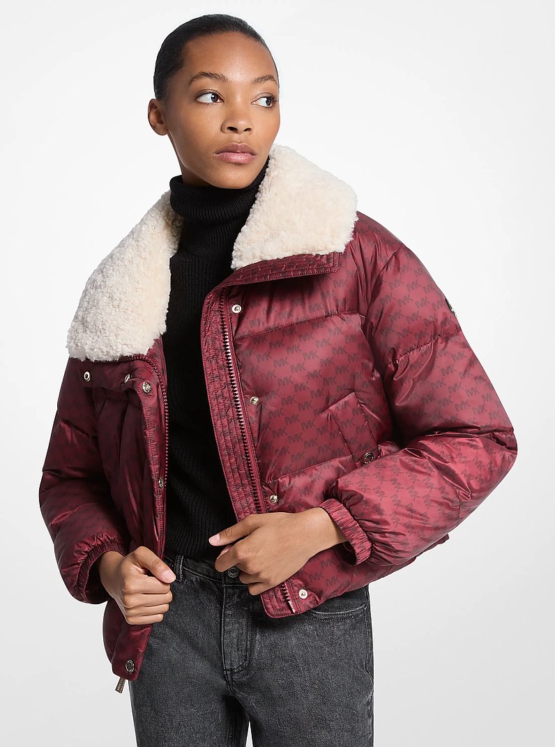 Logo Print and Sherpa Puffer Jacket in CHERRY | Michael Kors