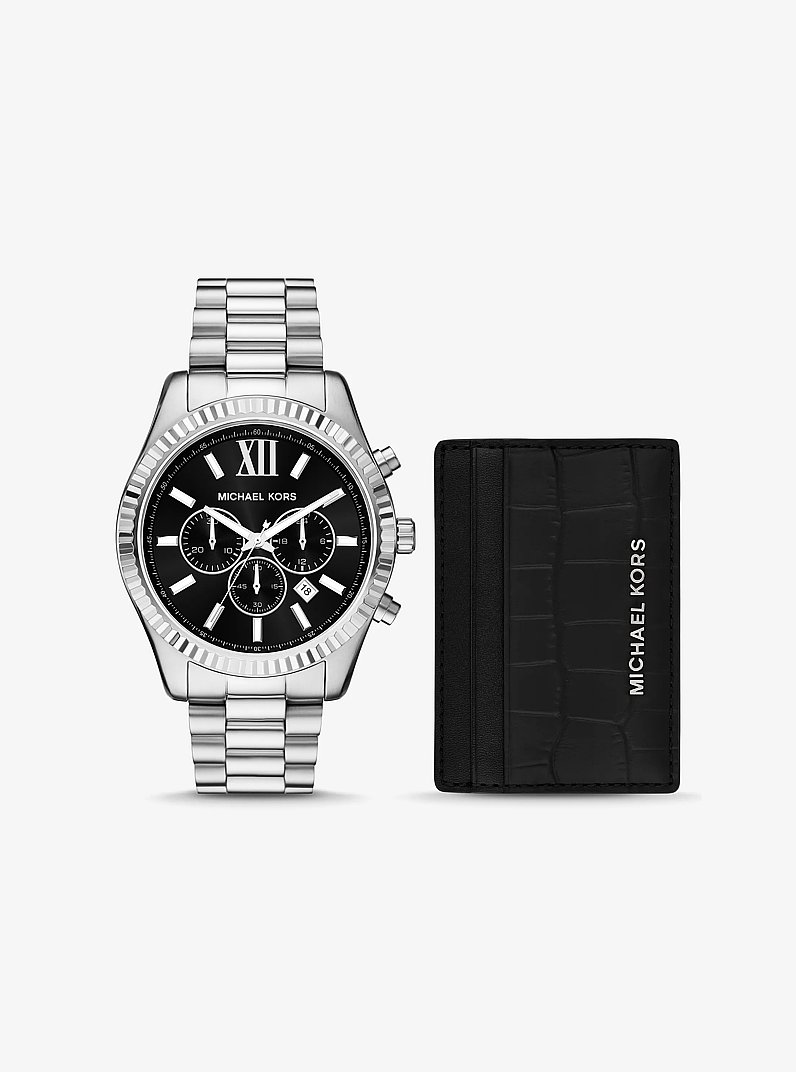 Oversized Lexington Silver-Tone Watch and Crocodile-Embossed Leather Card Case Gift Set in SILVER | Michael Kors