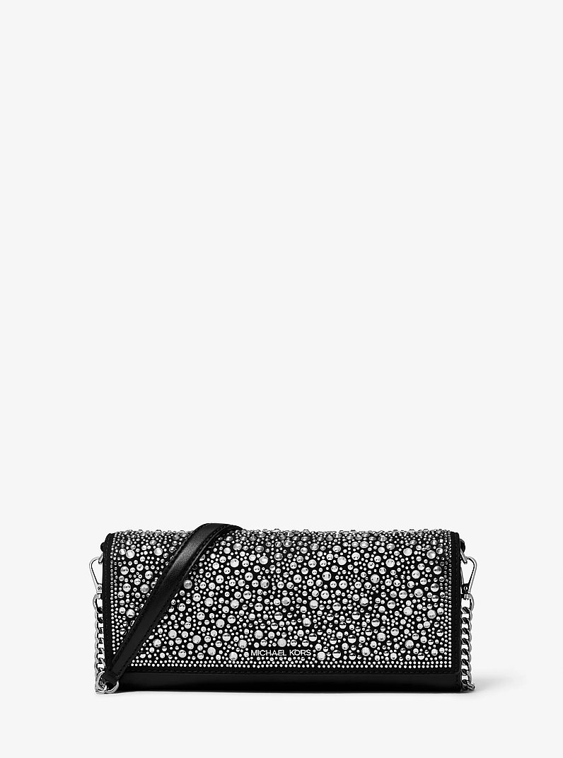 Jet Set Medium Embellished Metallic Leather Clutch in BLACK | Michael Kors