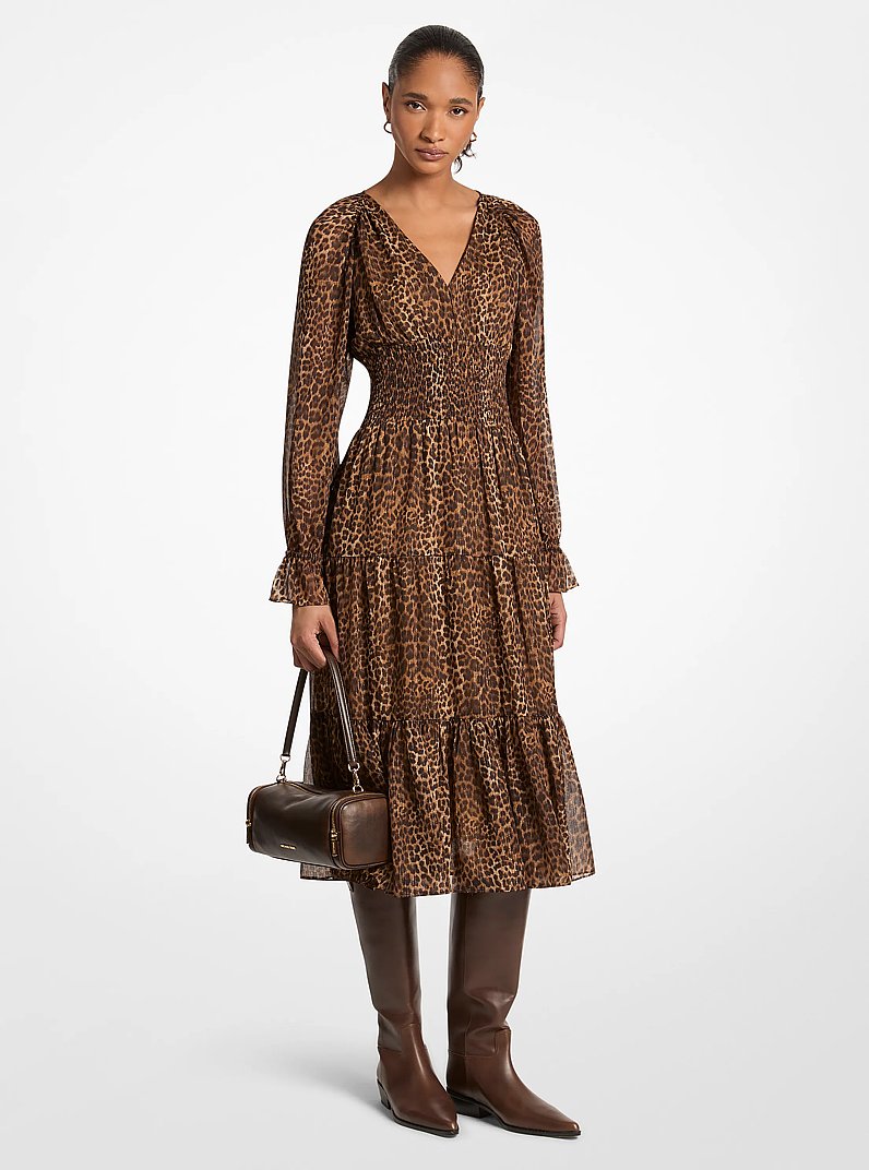 Leopard Print Georgette Midi Dress in CAMEL OSCURO | Michael Kors