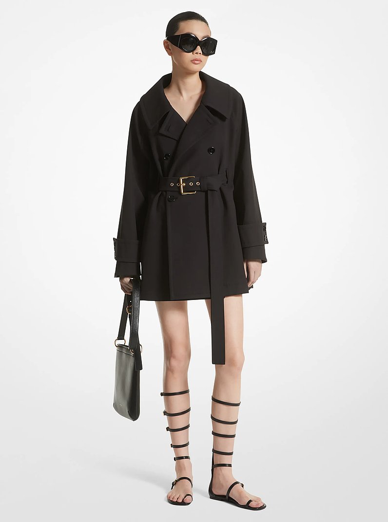 Cotton and Linen Blend Gabardine Half Belt Trench Coat in BLACK | Michael Kors