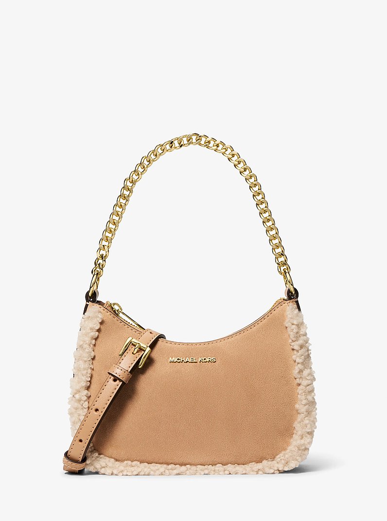 Jet Set Small Suede and Faux Shearling Convertible Crossbody Bag in PEANUT | Michael Kors