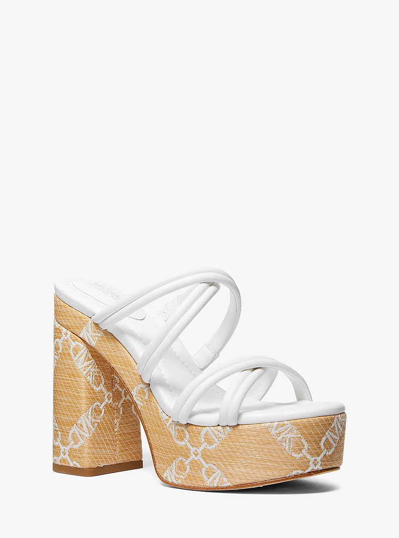 Corrine Empire Logo Jacquard Straw Platform Sandal in NAT/OPTICWHT | Michael Kors