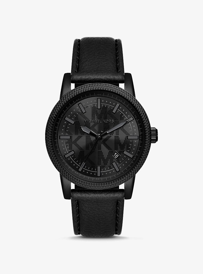 Oversized Hutton Black-Tone and Leather Watch in BLACK | Michael Kors