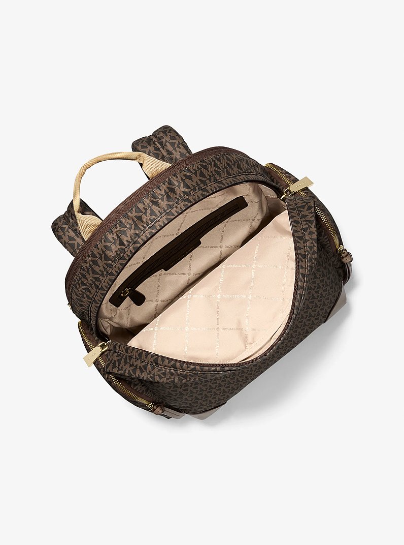 Prescott Large Signature Logo Print Woven Backpack in BRN/ACORN | Michael Kors