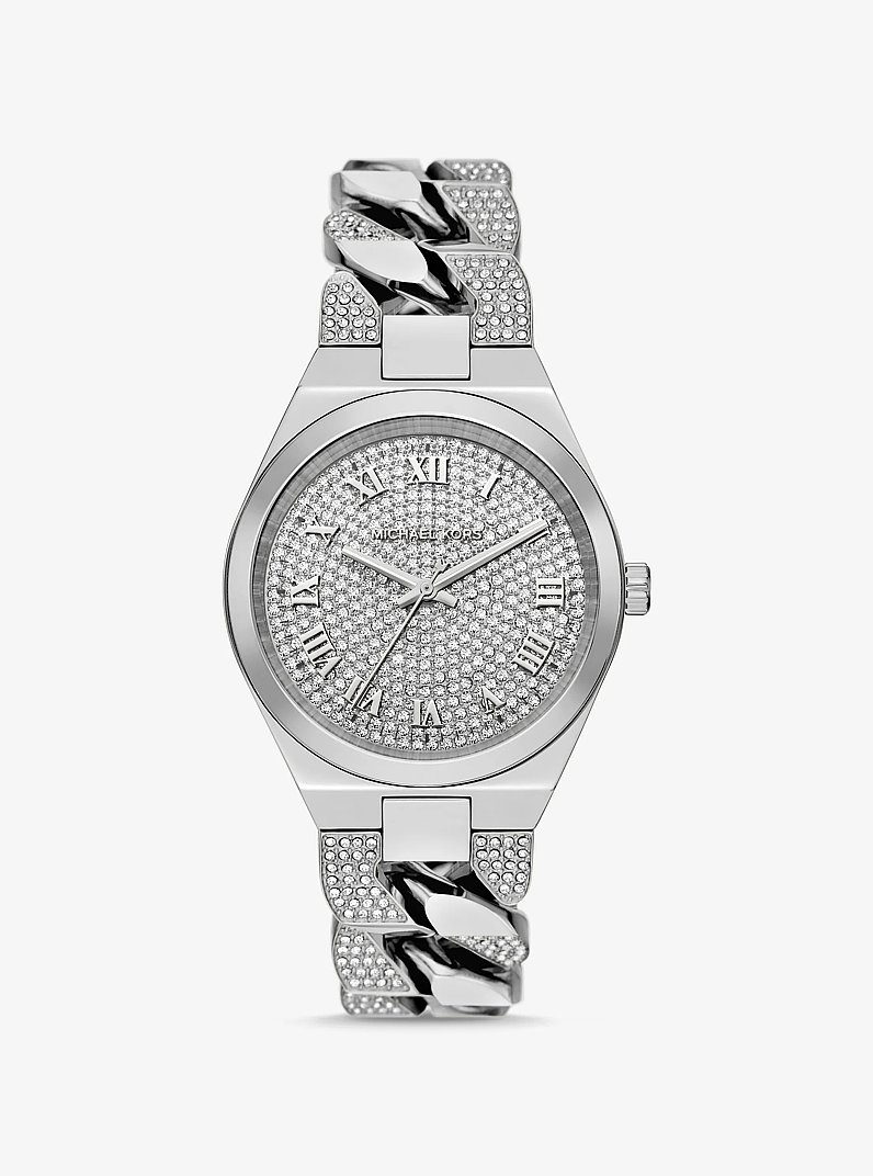 Lennox Pav&eacute; Silver-Tone Curb-Link Watch in SILVER | Michael Kors