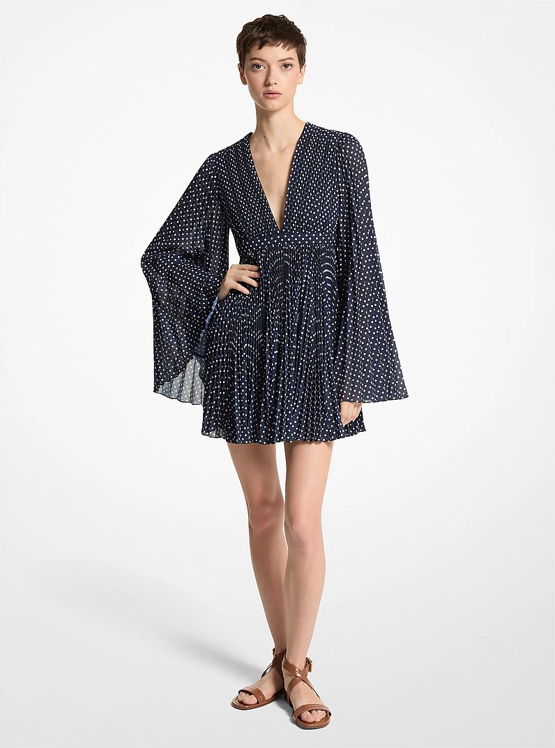 Vestido plisado de georgette con estampado de lunares in BLANCO INTENSO MEDIANOCHE | Michael Kors